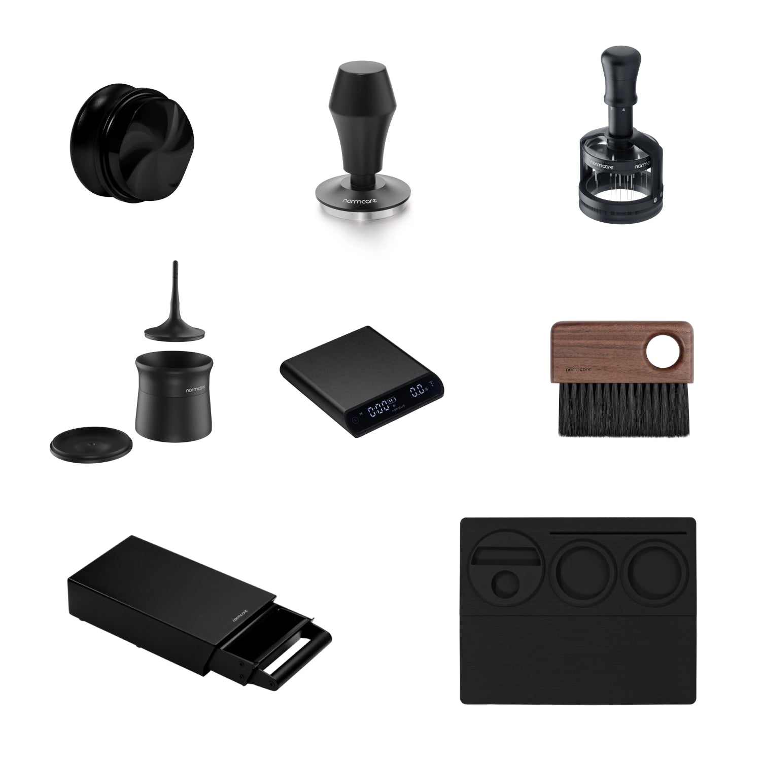 [Bundle] Normcore Spring-loaded Tamper V4 + Gravity Distributor + Needle Distributor + Magnetic Dosing + Pocket Coffee Scale + Cleaning Brush + Knock Box Drawer +  Tamping Station V2