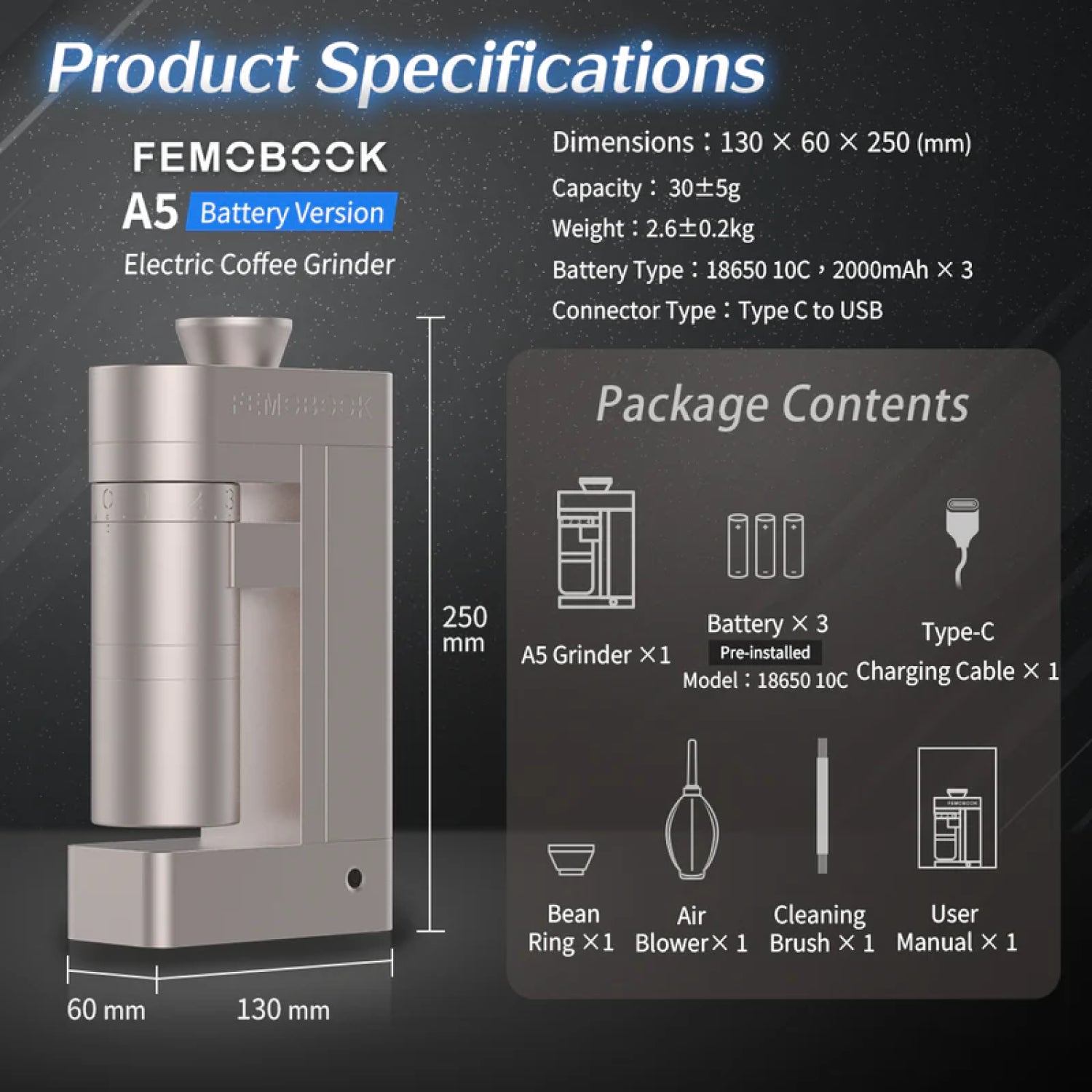 Femobook A5 Electric Coffee Grinder-Battery version